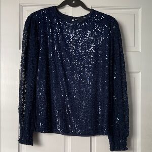 Adiva Navy Sequin Holiday Party Blouse With Lace Detail